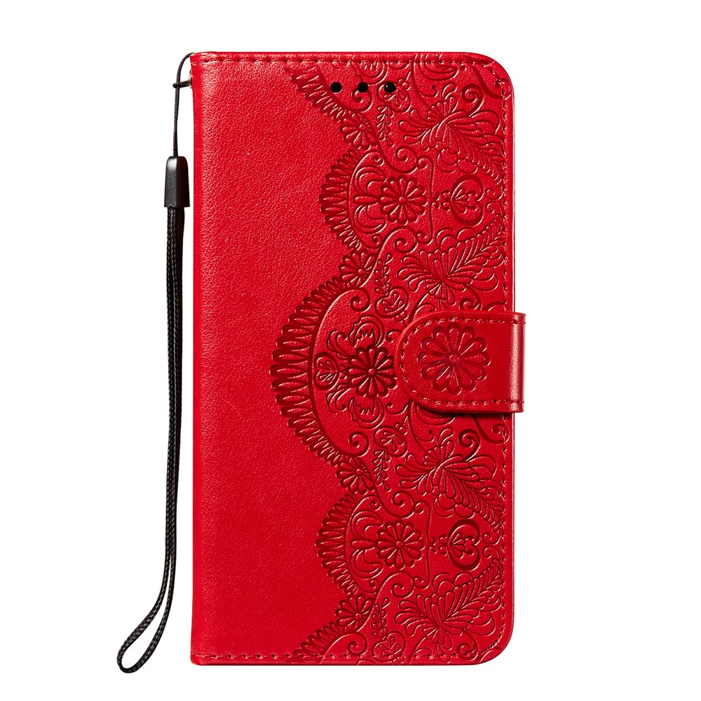 Imprinted Flower Vine Wallet PU Leather + TPU Case with Lanyard for Samsung Galaxy F62 / M62 - Red-2