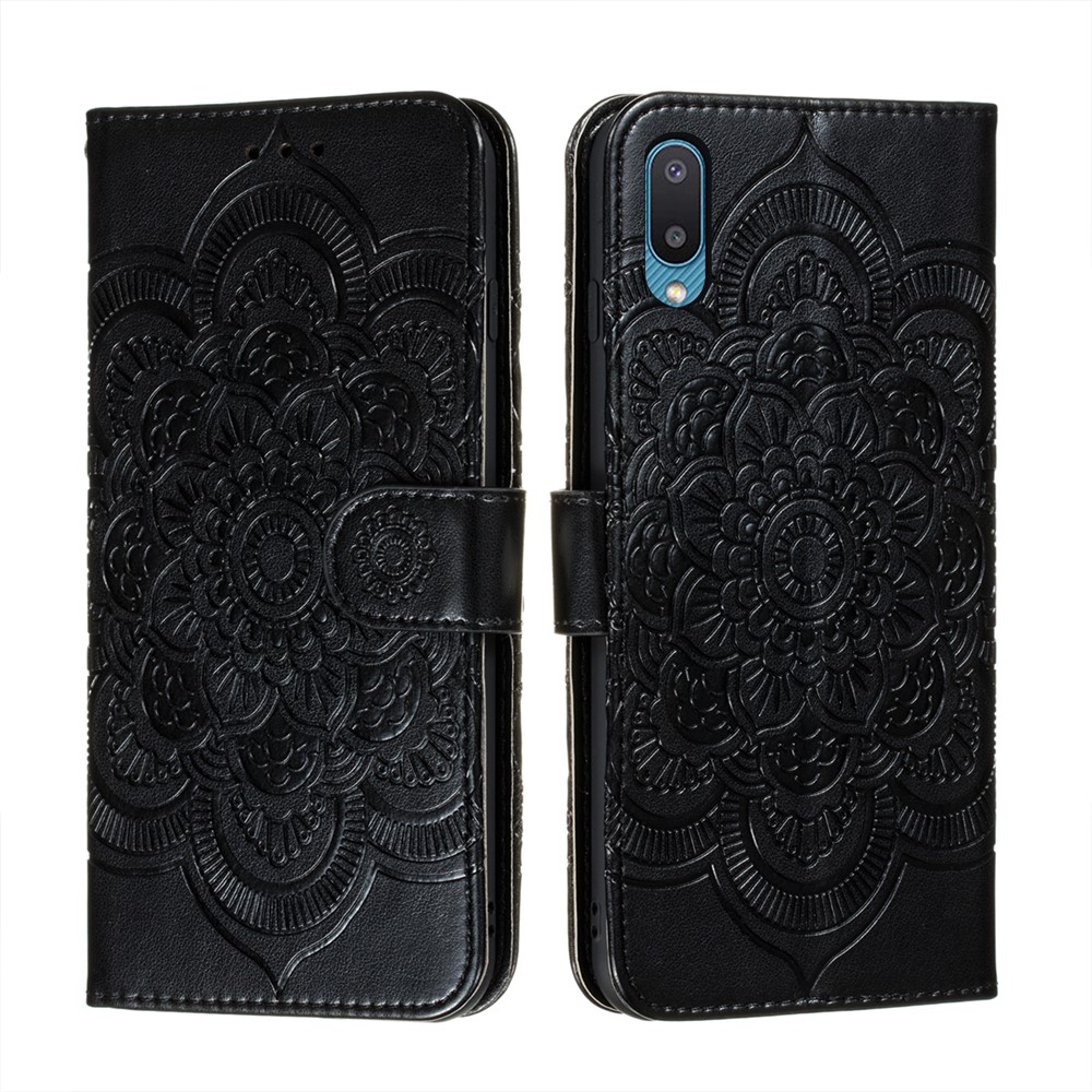 Imprint Mandala Flower Stand Leather Case for Samsung Galaxy A02 / M02 (EU Version) - Black-1