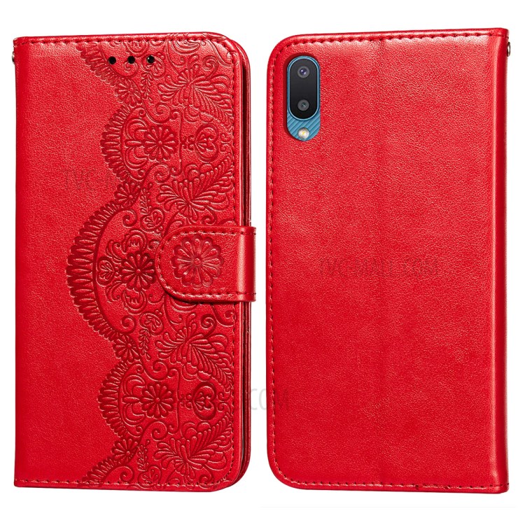 Imprinted Flower Vine Wallet PU Leather + TPU Case with Lanyard for Samsung Galaxy A02 / M02 (EU Version) - Red-1