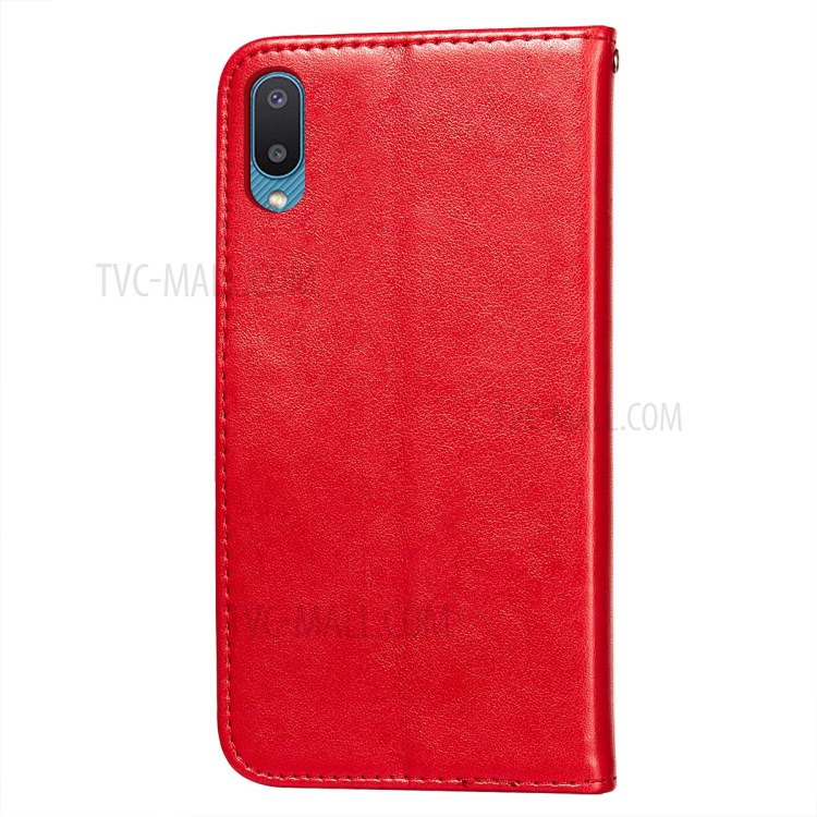 Imprinted Flower Vine Wallet PU Leather + TPU Case with Lanyard for Samsung Galaxy A02 / M02 (EU Version) - Red-3