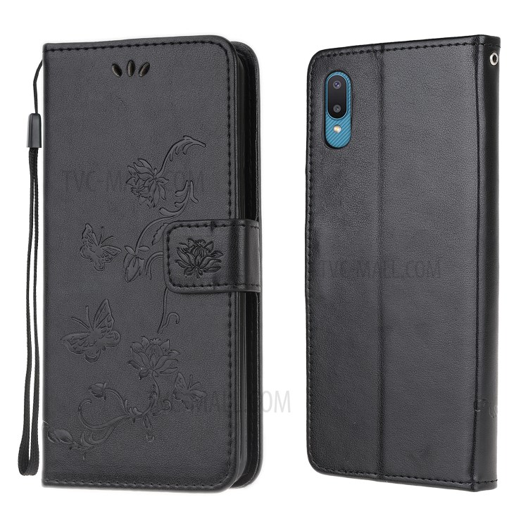 Imprint Butterfly Flower Leather Wallet Stand Phone Cover for Samsung Galaxy M02 / Galaxy A02 (EU Version) - Black-1