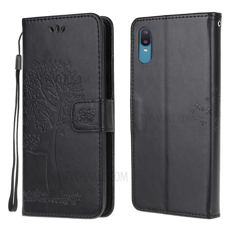Owl and Tree Pattern Printing Design Leather Wallet Phone Cover for Samsung Galaxy M02 / Galaxy A02 (EU Version) - Black-1