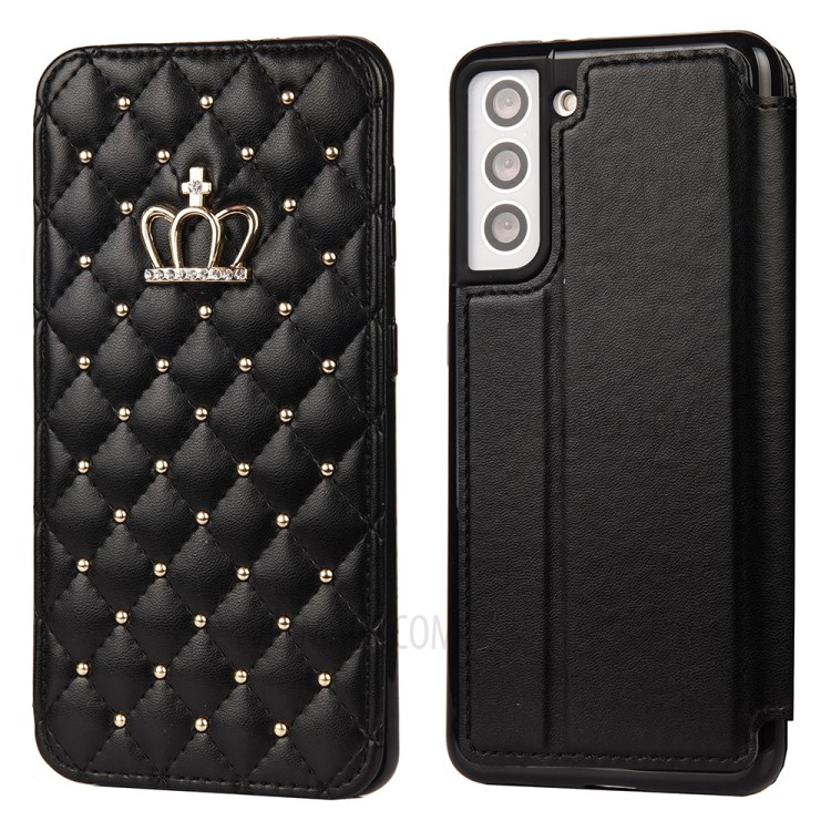 Stitching Rhombus Crown Leather Phone Case Stand with Card Slots for Samsung Galaxy S21+ 5G - Black-1