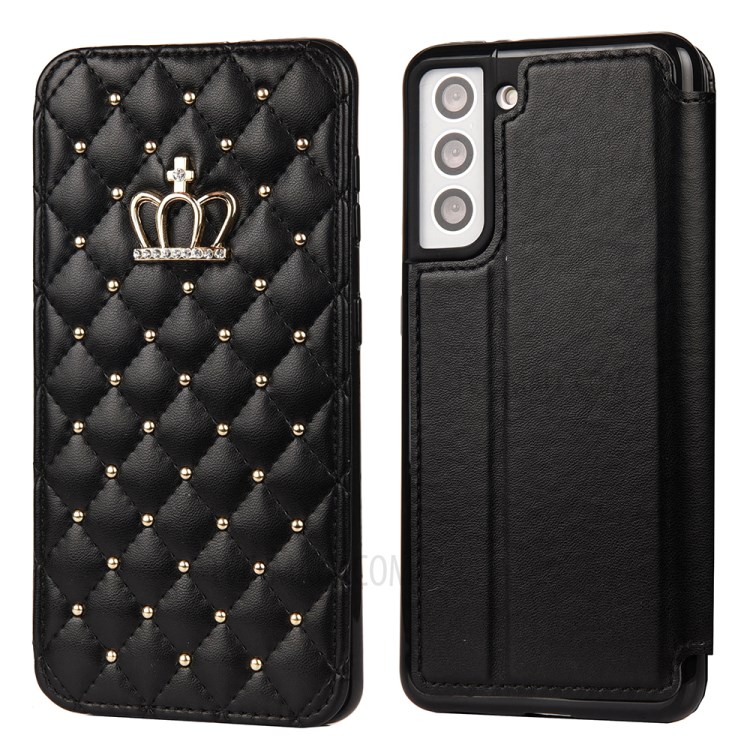 Crown Grid Pattern Flip Leather Phone Case Stand Card Holder for Samsung Galaxy S21 5G - Black-1