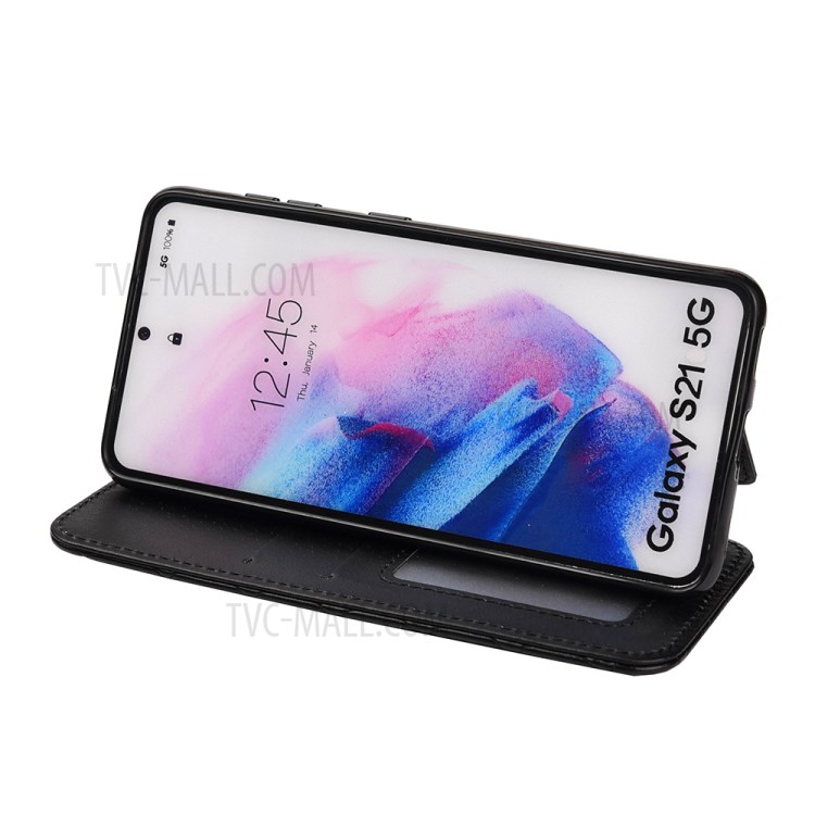 Crown Grid Pattern Flip Leather Phone Case Stand Card Holder for Samsung Galaxy S21 5G - Black-4