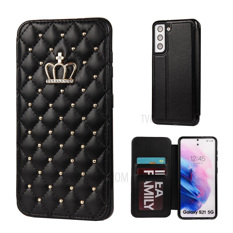 Crown Grid Pattern Flip Leather Phone Case Stand Card Holder for Samsung Galaxy S21 5G - Black-7