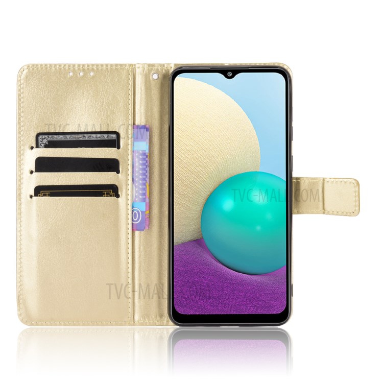 Crazy Horse Texture Wallet Design PU Leather Stand Protector Cover for Samsung Galaxy M02 / A02 - Gold-3