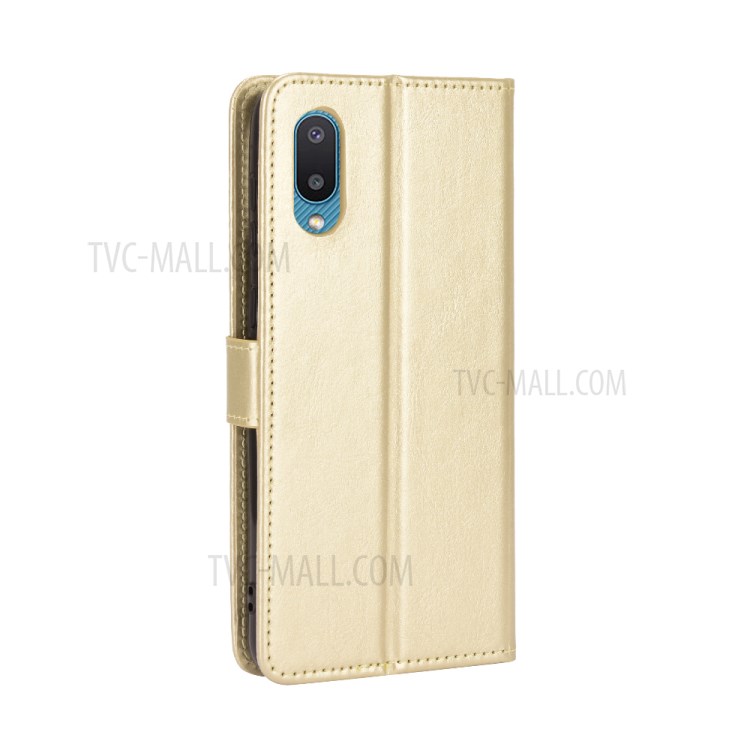 Crazy Horse Texture Wallet Design PU Leather Stand Protector Cover for Samsung Galaxy M02 / A02 - Gold-5