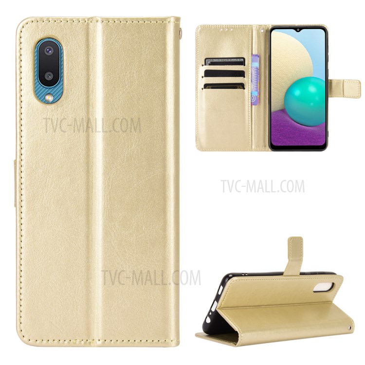 Crazy Horse Texture Wallet Design PU Leather Stand Protector Cover for Samsung Galaxy M02 / A02 - Gold-6