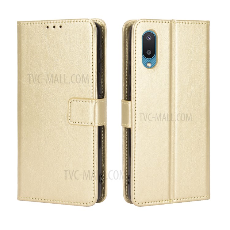 Crazy Horse Texture Wallet Design PU Leather Stand Protector Cover for Samsung Galaxy M02 / A02 - Gold-7