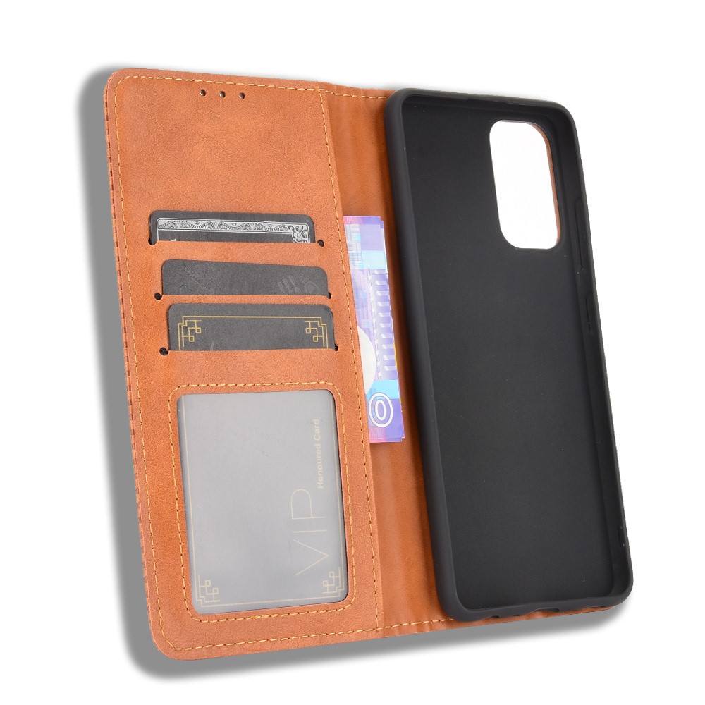 Automatisch Absorbiertes Magnetisches Vintage-vintage-brieftaschenstand Telefonhülle Für Samsung Galaxy A32 4G - Braun