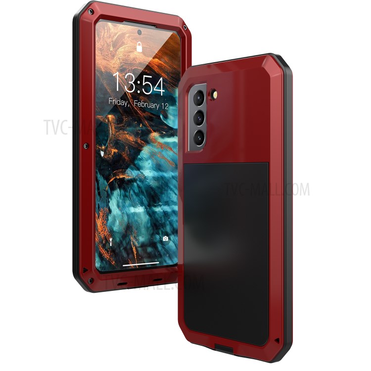 Silicone+ Metal + Tempered Glass Film Tank Shockproof Phone Case Shell for Samsung Galaxy S21 Plus 5G - Red-1