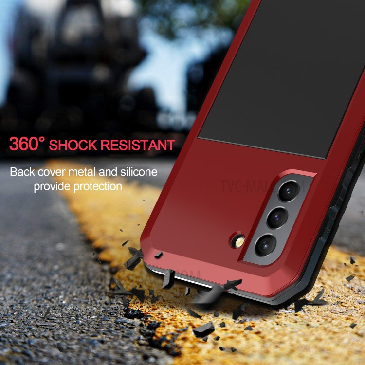 Silicone+ Metal + Tempered Glass Film Tank Shockproof Phone Case Shell for Samsung Galaxy S21 Plus 5G - Red-2