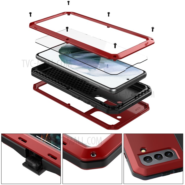 Silicone+ Metal + Tempered Glass Film Tank Shockproof Phone Case Shell for Samsung Galaxy S21 Plus 5G - Red-4