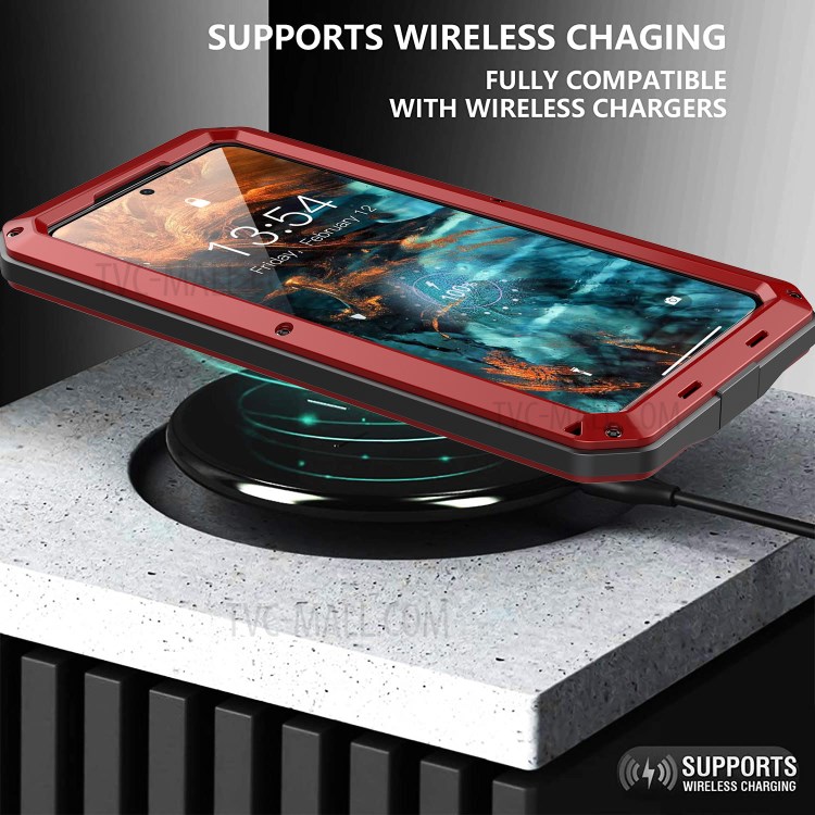 Silicone+ Metal + Tempered Glass Film Tank Shockproof Phone Case Shell for Samsung Galaxy S21 Plus 5G - Red-6