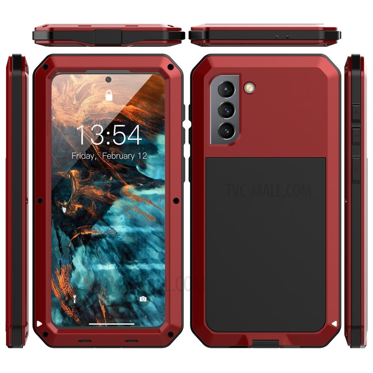 Silicone+ Metal + Tempered Glass Film Tank Shockproof Phone Case Shell for Samsung Galaxy S21 Plus 5G - Red-7