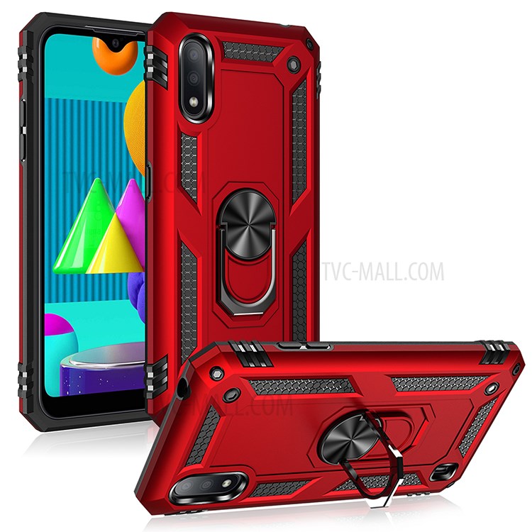 Hybrid PC + TPU Phone Case Shell Anti-Fall Finger Ring Kickstand for Samsung Galaxy M01 - Red-1