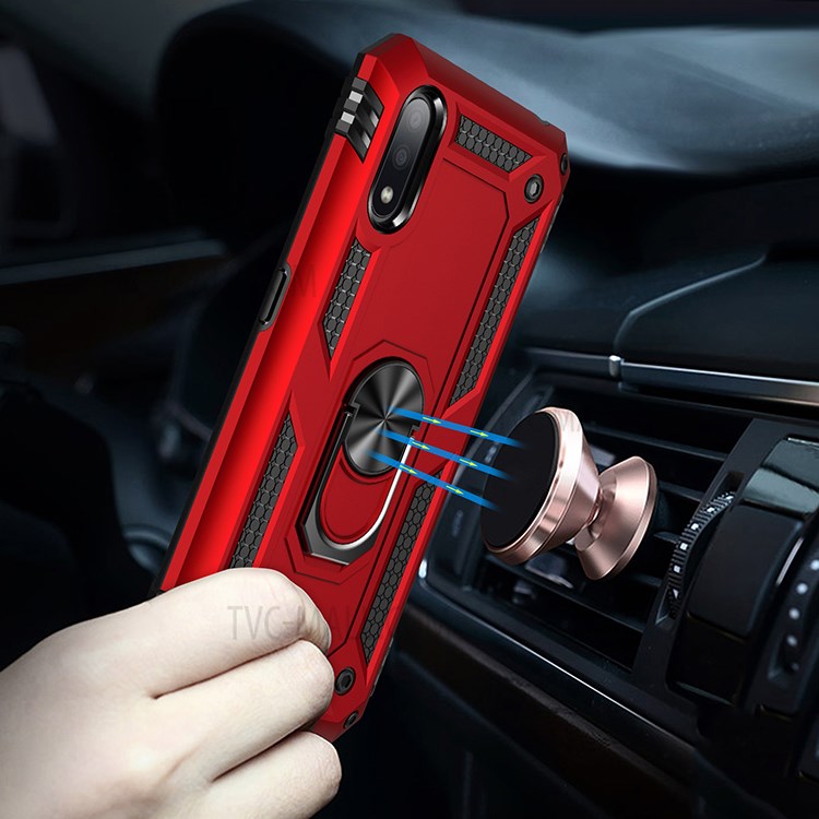 Hybrid PC + TPU Phone Case Shell Anti-Fall Finger Ring Kickstand for Samsung Galaxy M01 - Red-4