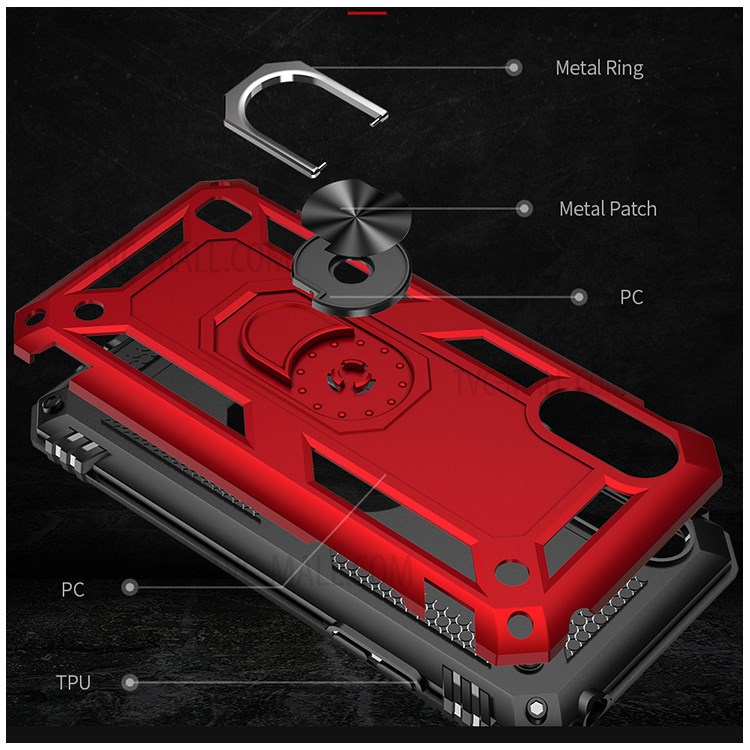 Hybrid PC + TPU Phone Case Shell Anti-Fall Finger Ring Kickstand for Samsung Galaxy M01 - Red-5
