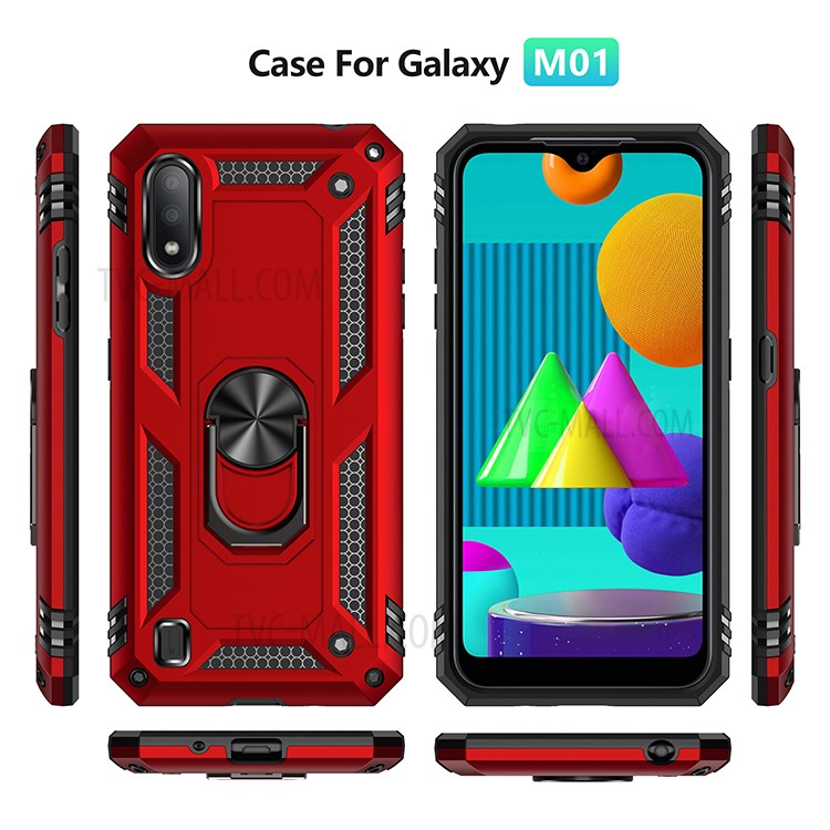 Hybrid PC + TPU Phone Case Shell Anti-Fall Finger Ring Kickstand for Samsung Galaxy M01 - Red-7