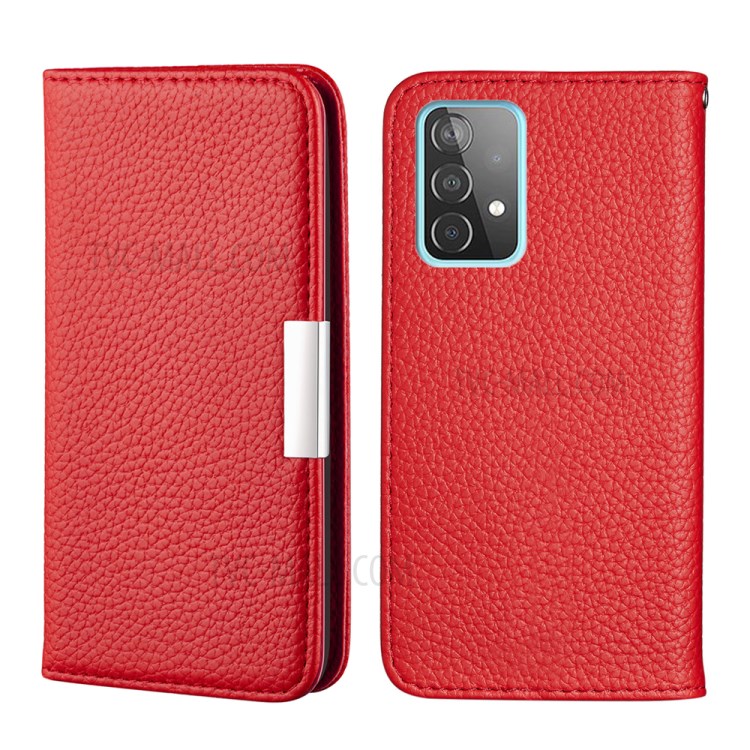 Metal Buckle Automatic absorption Litchi Skin Leather Case with Card Holder for Samsung Galaxy A52 5G / 4G - Red-1