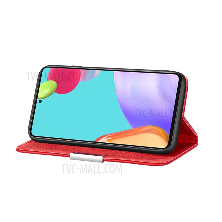 Metal Buckle Automatic absorption Litchi Skin Leather Case with Card Holder for Samsung Galaxy A52 5G / 4G - Red-2