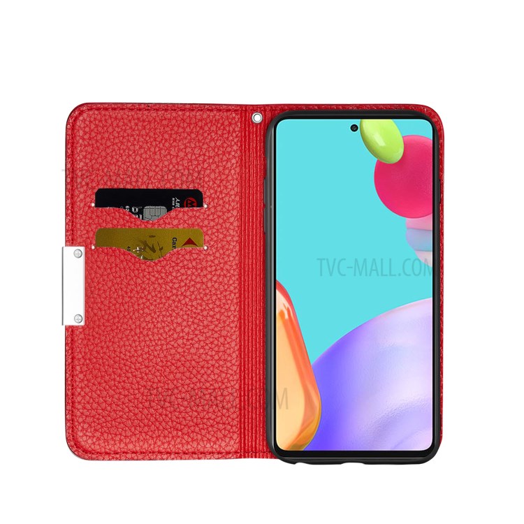 Metal Buckle Automatic absorption Litchi Skin Leather Case with Card Holder for Samsung Galaxy A52 5G / 4G - Red-4