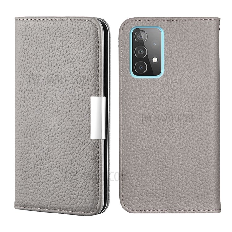 Metal Buckle Automatic absorption Litchi Skin Leather Case with Card Holder for Samsung Galaxy A52 5G / 4G - Grey-1