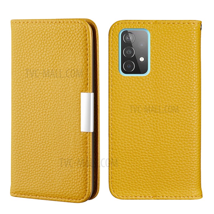 Metal Buckle Automatic absorption Litchi Skin Leather Case with Card Holder for Samsung Galaxy A52 5G / 4G - Yellow-1