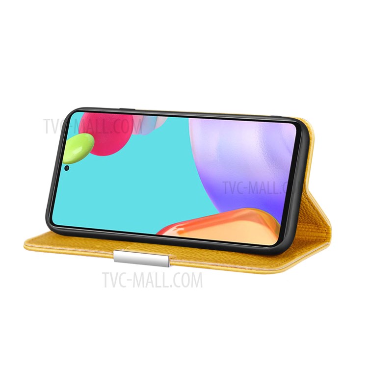 Metal Buckle Automatic absorption Litchi Skin Leather Case with Card Holder for Samsung Galaxy A52 5G / 4G - Yellow-2