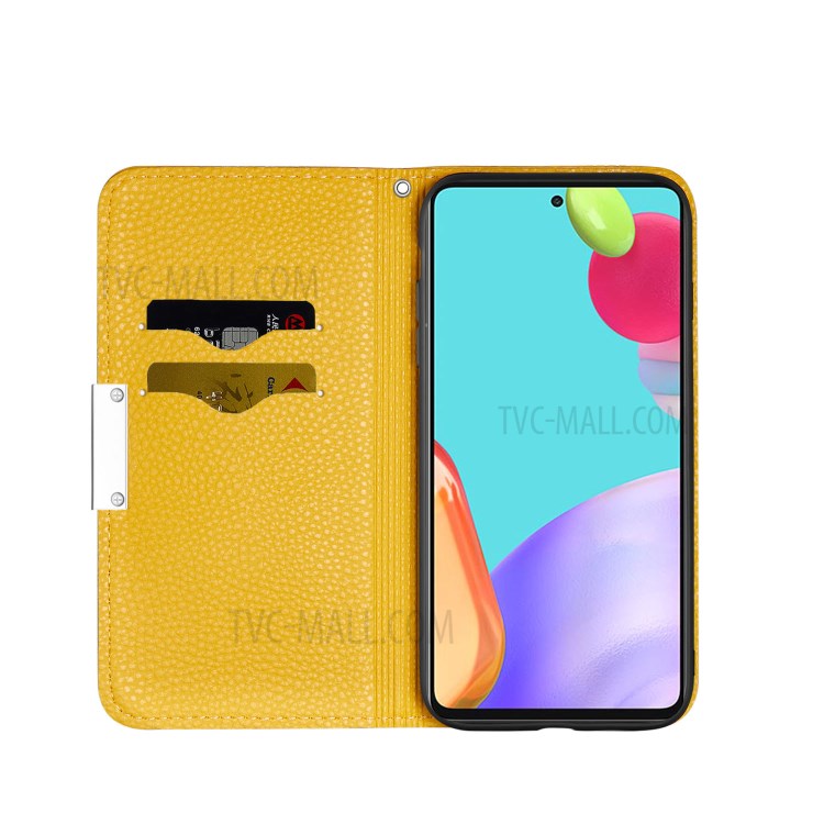 Metal Buckle Automatic absorption Litchi Skin Leather Case with Card Holder for Samsung Galaxy A52 5G / 4G - Yellow-4