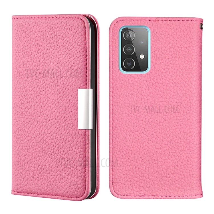 Metal Buckle Automatic absorption Litchi Skin Leather Case with Card Holder for Samsung Galaxy A52 5G / 4G - Pink-1