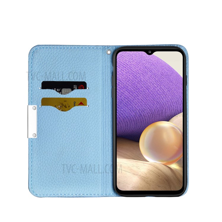 Metal Buckle Automatic absorption Litchi Skin Leather Cover with Card Holder for Samsung Galaxy A32 5G - Blue-4