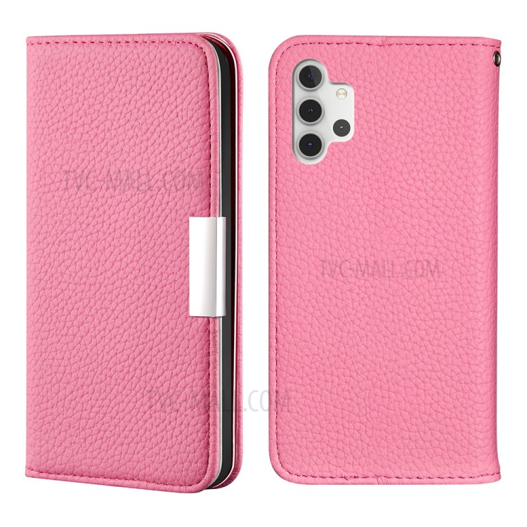 Metal Buckle Automatic absorption Litchi Skin Leather Cover with Card Holder for Samsung Galaxy A32 5G - Pink-1