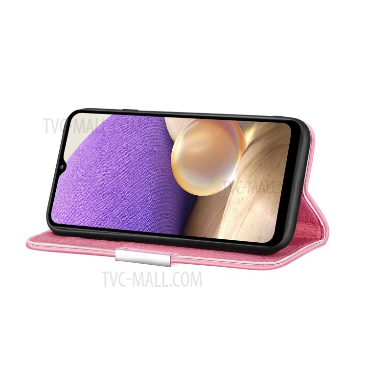 Metal Buckle Automatic absorption Litchi Skin Leather Cover with Card Holder for Samsung Galaxy A32 5G - Pink-2
