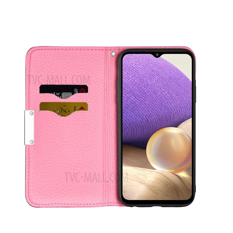 Metal Buckle Automatic absorption Litchi Skin Leather Cover with Card Holder for Samsung Galaxy A32 5G - Pink-4