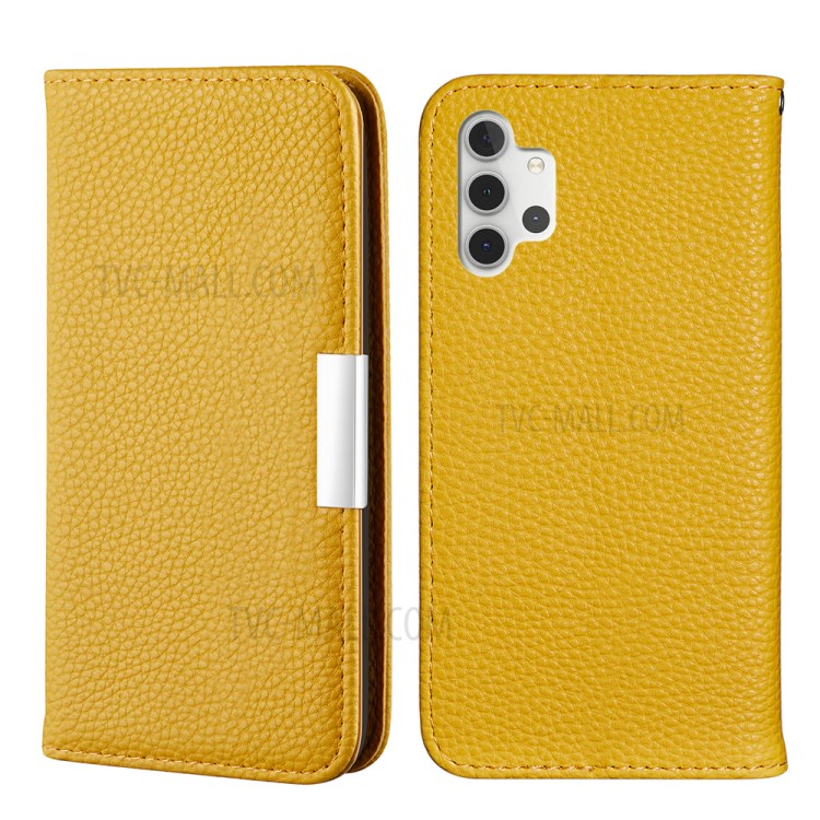 Metal Buckle Automatic absorption Litchi Skin Leather Cover with Card Holder for Samsung Galaxy A32 5G - Yellow-1