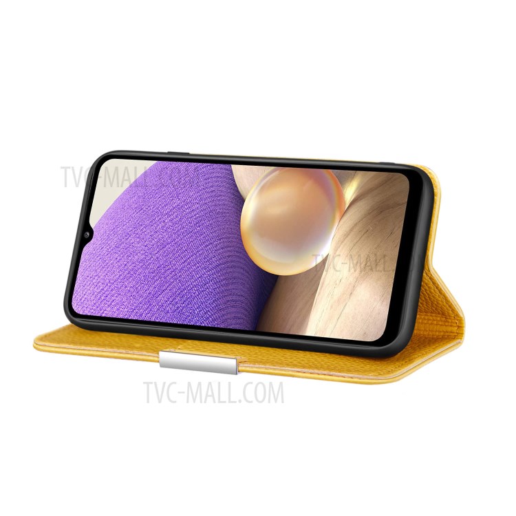 Metal Buckle Automatic absorption Litchi Skin Leather Cover with Card Holder for Samsung Galaxy A32 5G - Yellow-2