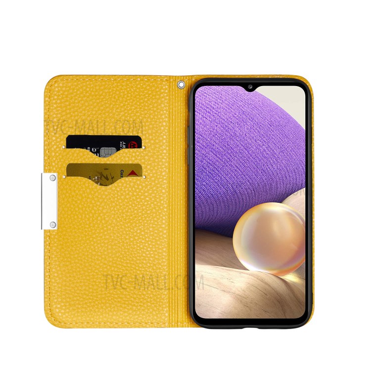 Metal Buckle Automatic absorption Litchi Skin Leather Cover with Card Holder for Samsung Galaxy A32 5G - Yellow-4