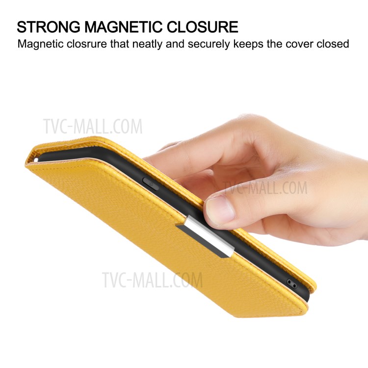 Metal Buckle Automatic absorption Litchi Skin Leather Cover with Card Holder for Samsung Galaxy A32 5G - Yellow-6