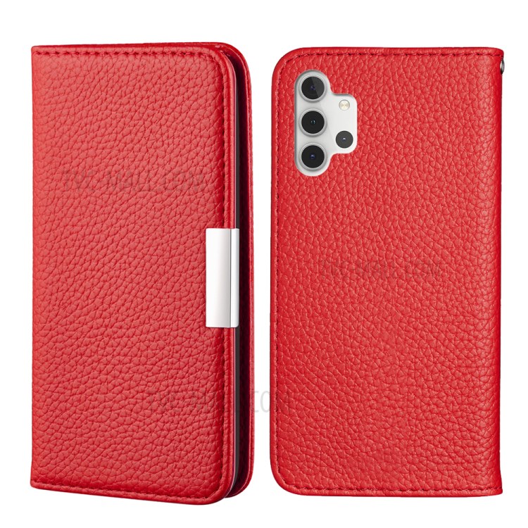 Metal Buckle Automatic absorption Litchi Skin Leather Cover with Card Holder for Samsung Galaxy A32 5G - Red-1
