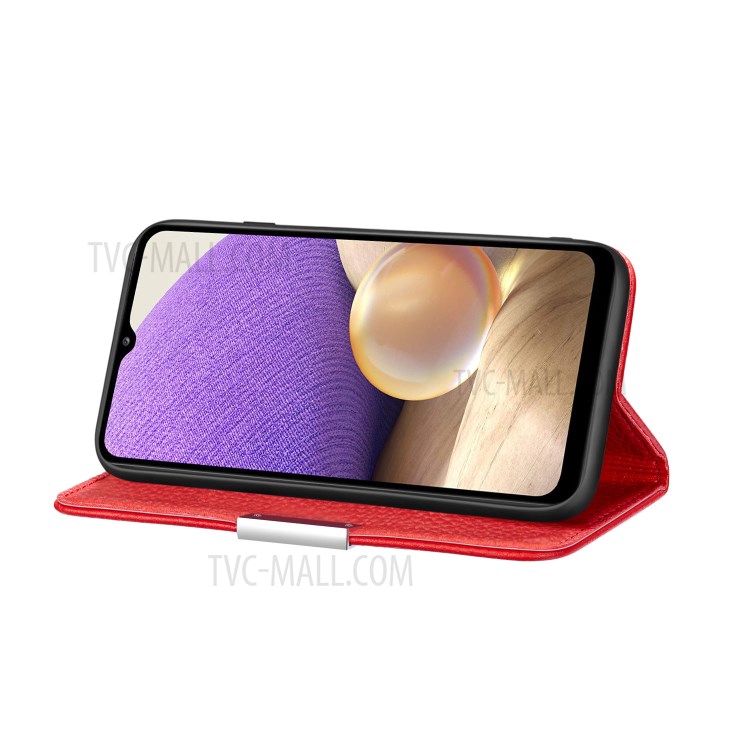 Metal Buckle Automatic absorption Litchi Skin Leather Cover with Card Holder for Samsung Galaxy A32 5G - Red-2
