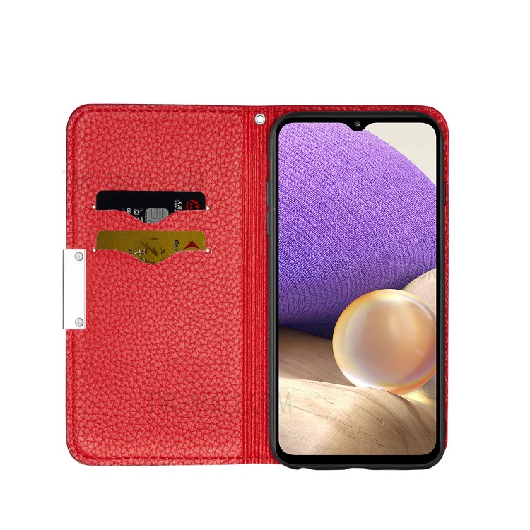 Metal Buckle Automatic absorption Litchi Skin Leather Cover with Card Holder for Samsung Galaxy A32 5G - Red-4
