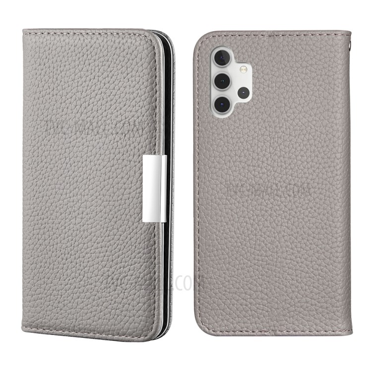 Metal Buckle Automatic absorption Litchi Skin Leather Cover with Card Holder for Samsung Galaxy A32 5G - Grey-1