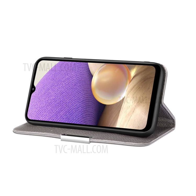 Metal Buckle Automatic absorption Litchi Skin Leather Cover with Card Holder for Samsung Galaxy A32 5G - Grey-2
