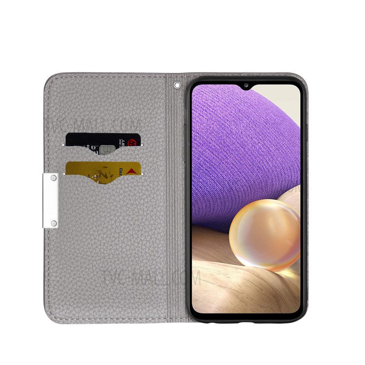 Metal Buckle Automatic absorption Litchi Skin Leather Cover with Card Holder for Samsung Galaxy A32 5G - Grey-4
