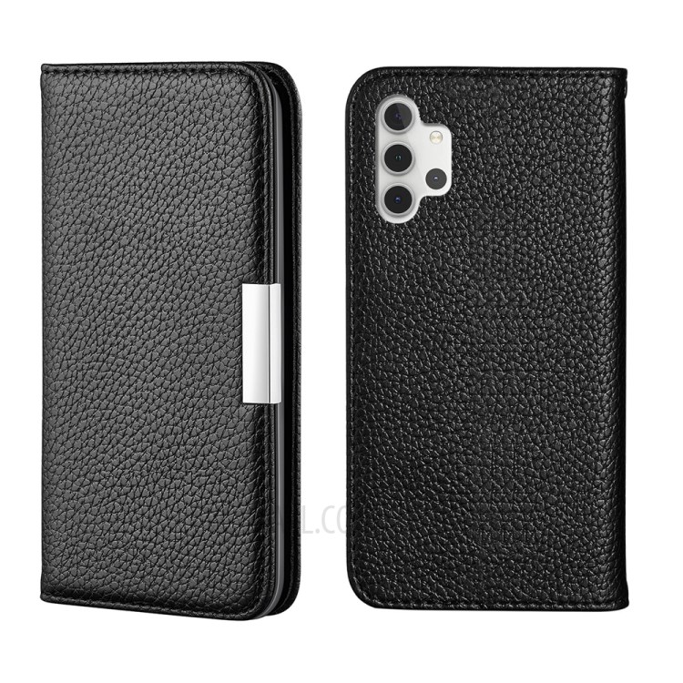 Metal Buckle Automatic absorption Litchi Skin Leather Cover with Card Holder for Samsung Galaxy A32 5G - Black-1