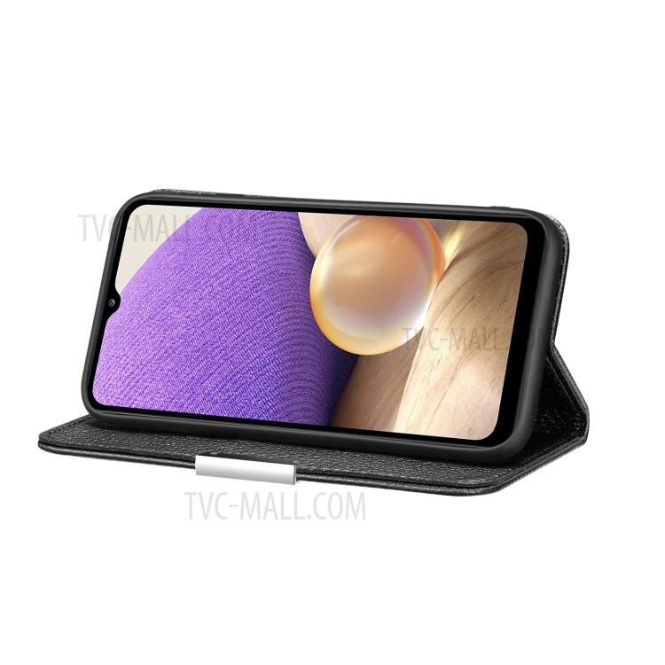 Metal Buckle Automatic absorption Litchi Skin Leather Cover with Card Holder for Samsung Galaxy A32 5G - Black-2