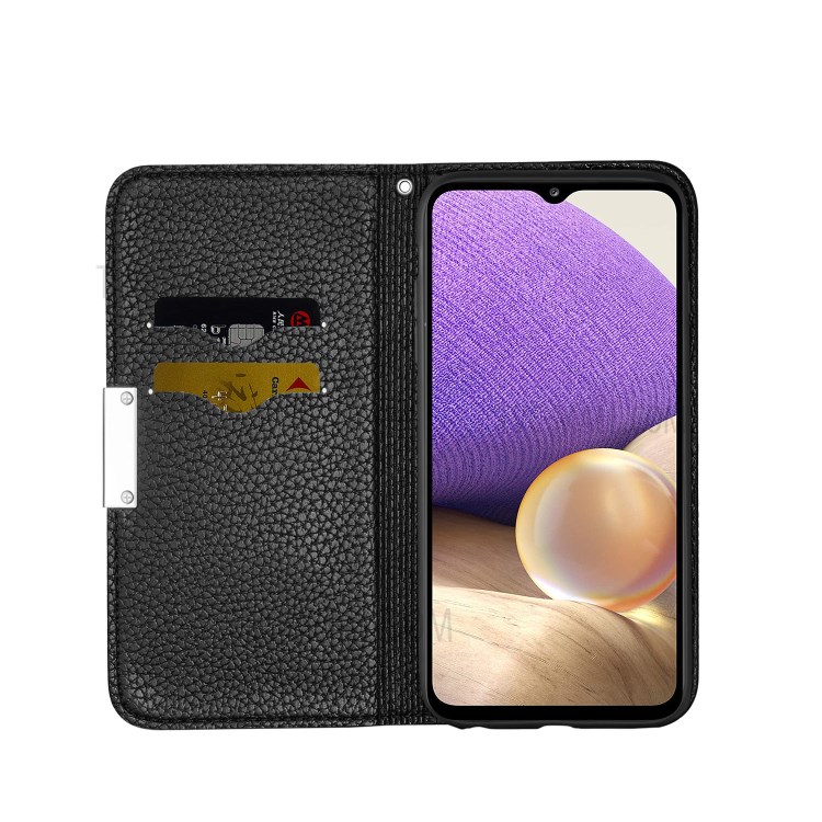 Metal Buckle Automatic absorption Litchi Skin Leather Cover with Card Holder for Samsung Galaxy A32 5G - Black-4