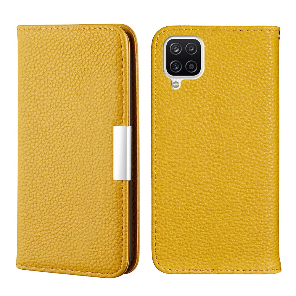 Metal Buckle Automatic absorption Litchi Skin Leather Cover with Card Holder for Samsung Galaxy A12 - Yellow-1